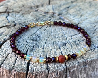 Natural Beaded Garnet Bracelet With Genuine Ethiopian Opal and Goldstone Gemstones -Gold Filled-