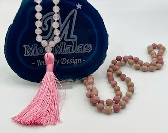 108 Hand Knotted Pink Tassel Mala Necklace- Beaded Natural Rose Quartz & Natural Rhodochrosite Stones