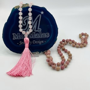 108 Hand Knotted Pink Tassel Mala Necklace- Beaded Natural Rose Quartz & Natural Rhodochrosite Stones