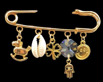 Safety Pin, Safety Pin Charms, Duas Baby Pin, Hamsa Safety Pin, Safety Baby Pin, Stroller Pin, Stroller Pin Brooch, Coat Safety Pin, Teddy