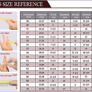May include: A chart showing ring sizes in different measurement systems, including US, Japanese, British, German, and Swiss sizes. The chart includes the perimeter and diameter of the ring in millimeters, as well as the corresponding size in each system.