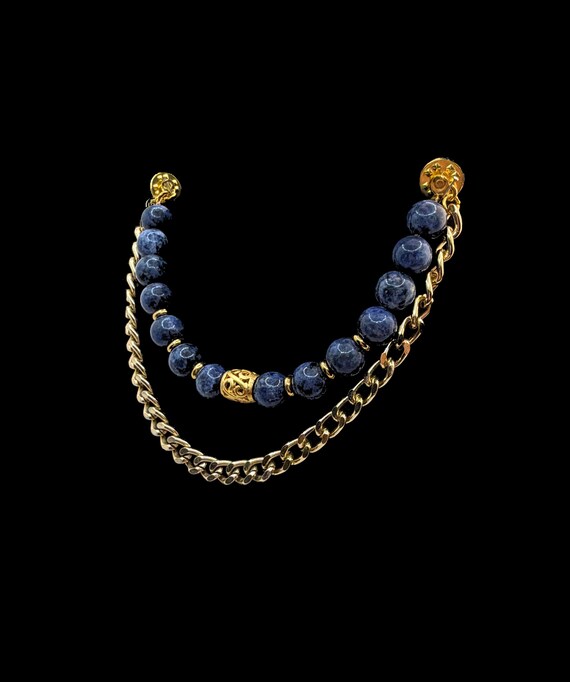 Men's Collar Brooch Pin With Natural Stone Beads & Gold Chain -Elegant Shirt Collar Clip, Vintage Style Chain Brooch For Dress Shirts