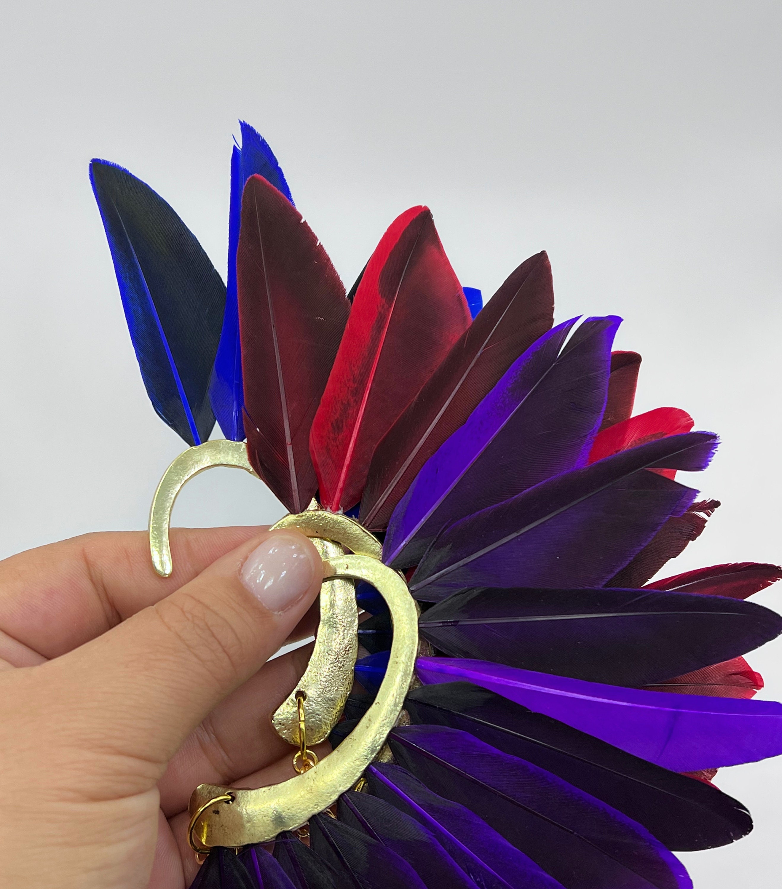 Vibrant Feather Ear Cuff in blue & purple, for the left ear Feather ear cuffs – Amazira main image 2