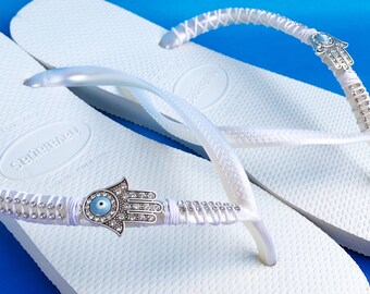 Tongs Hamsa, Chaussures Hamsa, Sandales conçues, Sandales en cristal, Tongs personnalisées, Chaussures personnalisées, Sandales avec strass, Hamsa