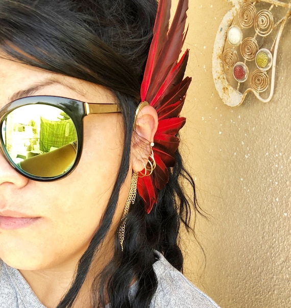 Feather Ear Cuff- Unisex Burning Man Jewelry, Festival Ear Wrap, Boho Feather Erring Alternative, Statement Costume Accessory