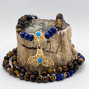 Whale Tail Mala Necklace With Natural Tiger&#39;s Eye & Lapis Lazuli Stones -Gold Filled-