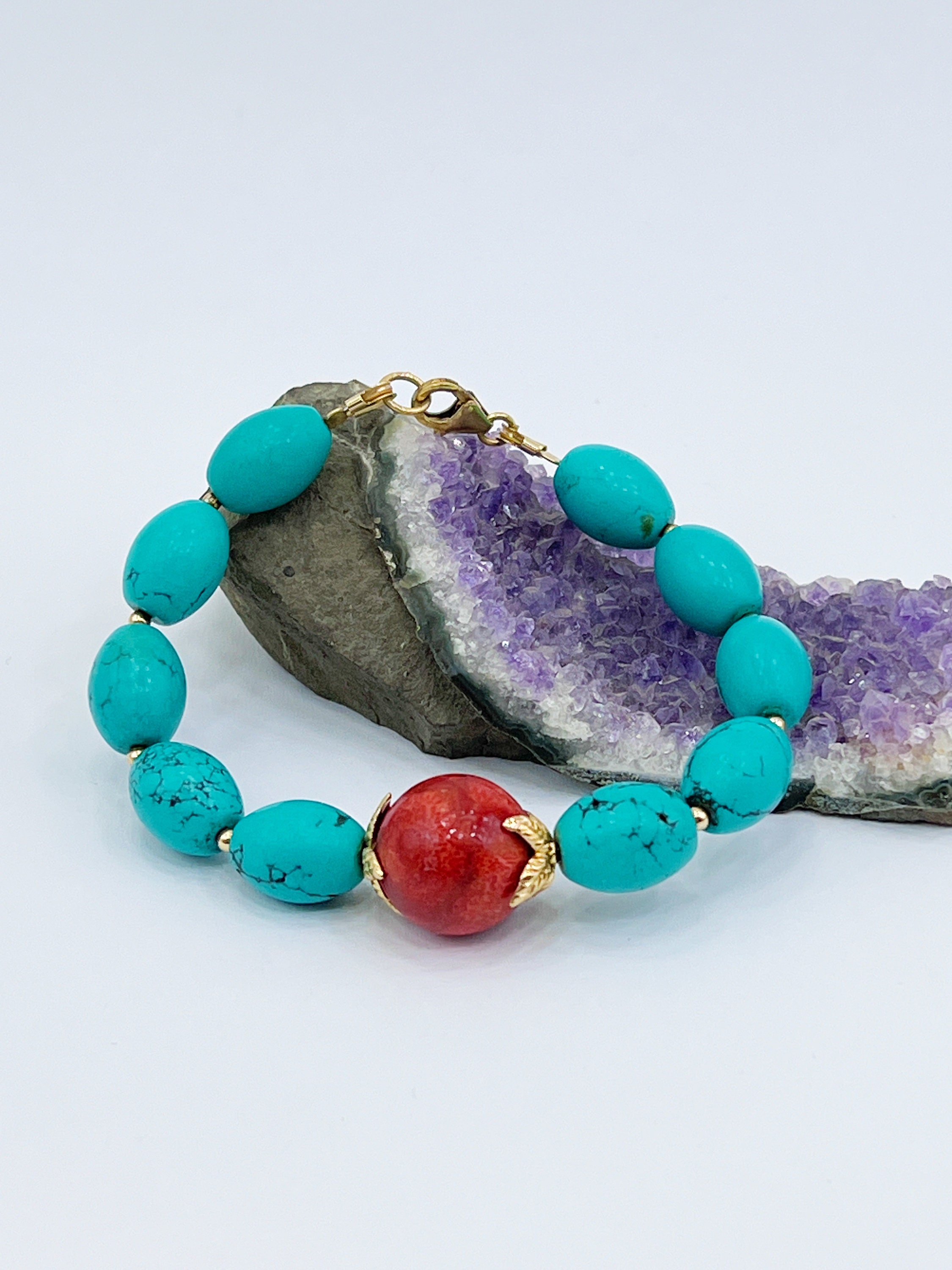 Natural Beaded Large Turquoise & Red Coral Bracelet -Gold Filled-