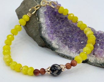 Beaded Yellow Jade Bracelet With Natural Goldstone and Agate Stones -Gold Filled-
