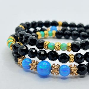 Unique Beaded Onyx Necklace With Opal Stones -Gold Filled-