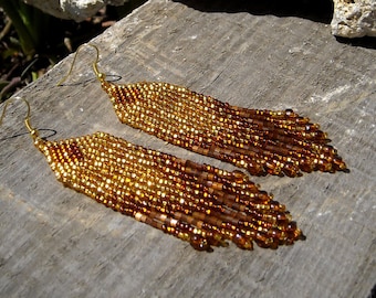 Beaded earrings, shining gold brown earrings, Long seed bead earrings