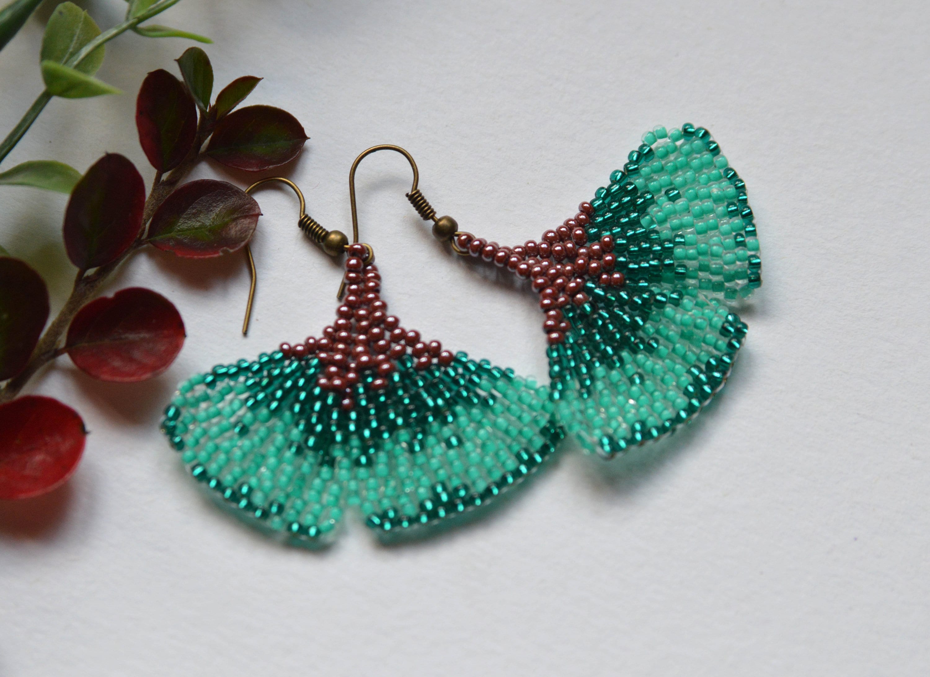 Nature Inspired Earrings, Beaded Leaf Ginko Earrings, Seed