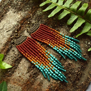 Fringe seed bead long earrings