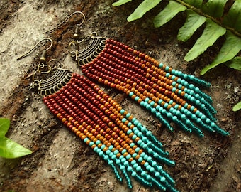 Forest Beaded Earrings Long Fringe Boho Earrings Mountains Beaded Earrings Nature Earrings Christmas Gift Handwoven Native Beaded Earrings