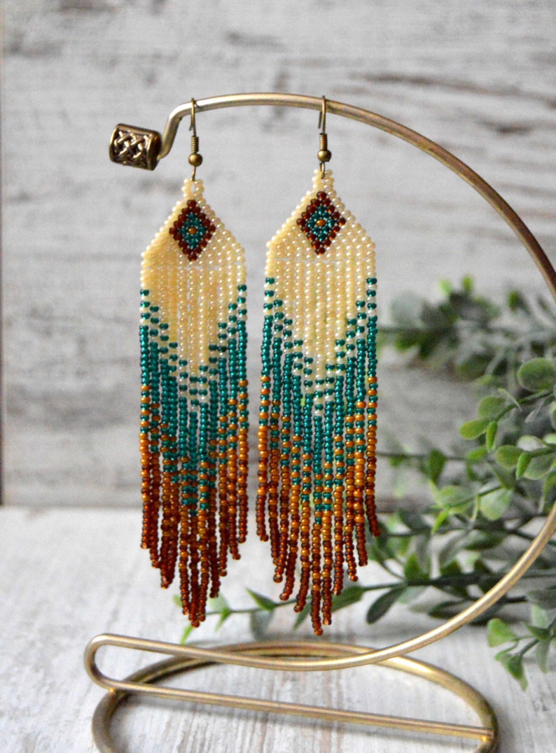 Long fringe earrings, Beaded earrings, Boho style, beadwork jewelry, dangle earrings, Native American style, seed bead earrings image 2