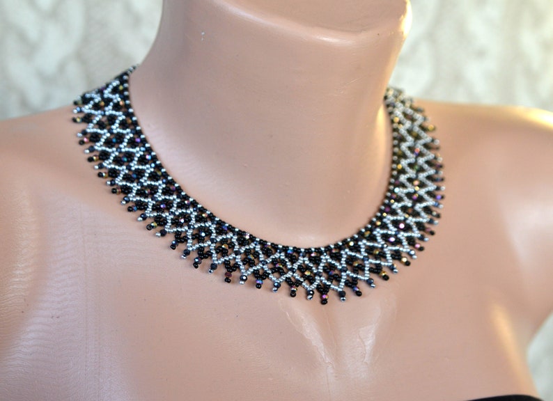 Crystal beaded collar necklace, Black silver necklace, Crystal necklace 画像 8