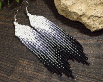 Long gradient fringe earrings, Long beaded earrings