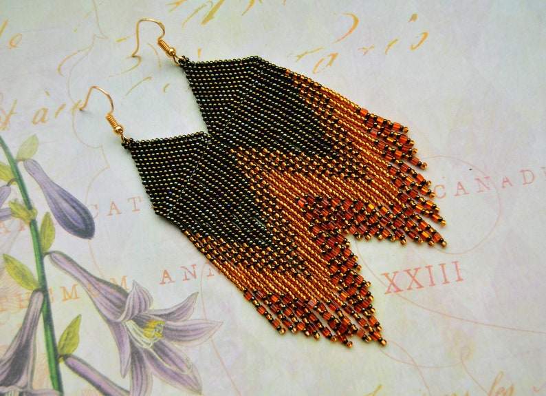 Seed bead gold brown earrings, beaded fringe earrings image 6