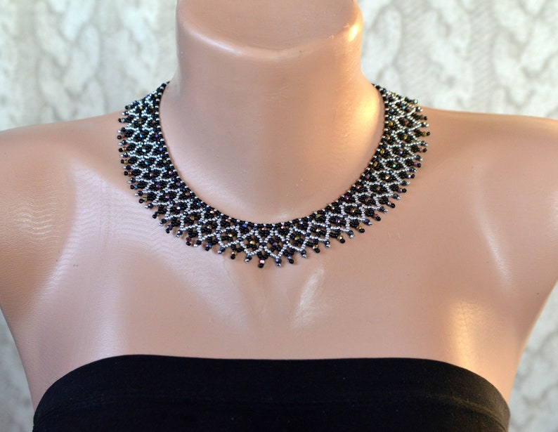 Crystal beaded collar necklace, Black silver necklace, Crystal necklace 画像 2