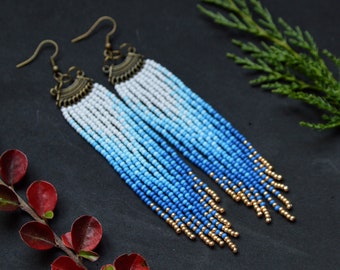 long seed bead fringe earrings, White blue gold earrings, Beaded earrings
