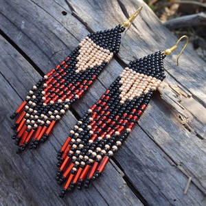 Red Black Gold Seed bead fringe earrings