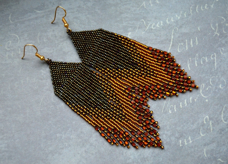 Seed bead gold brown earrings, beaded fringe earrings image 2