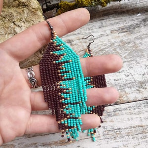 Turquoise Brown Gold seed beads long earrings image 6