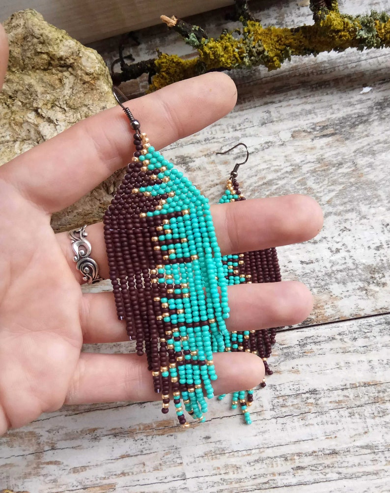 Turquoise Brown Gold seed beads long earrings image 6