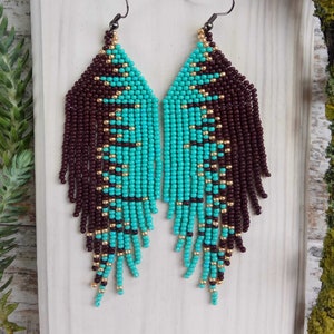 Turquoise Brown Gold seed beads long earrings image 3