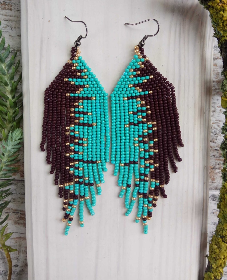 Turquoise Brown Gold seed beads long earrings image 3