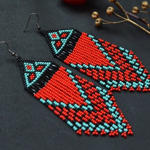Perlen Ohrringe, Boho Ohrringe, lange Ohrringe, Handwerker Perlen Ohrringe, rot schwarz Türkis Ohrringe