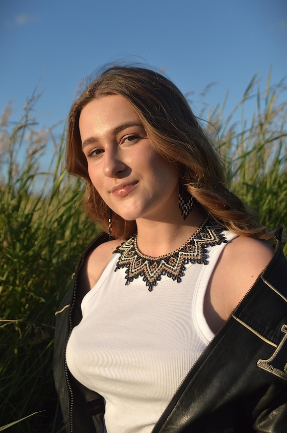 Handmade Beaded Collar Necklace, Ukrainian Ethno Style, Geometric Black Gold White Seed Bead Choker