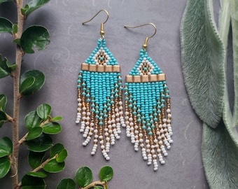 Turquoise gold white beaded earrings, long bead earrings, gift for her, tassel earrings, boho style earrings