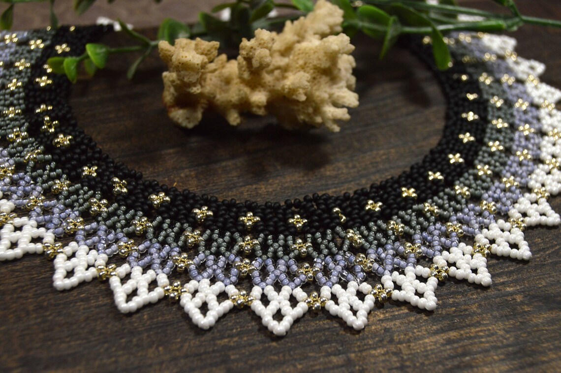 Monochrome Beaded Necklace Seed Bead Collar Necklace Etsy