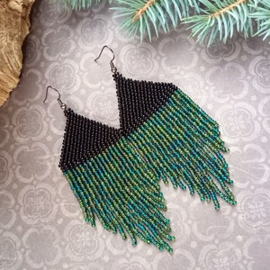 Long fringe beaded earrings, Green Black earrings