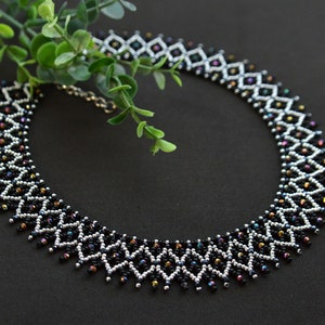 Crystal beaded collar necklace, Black silver necklace, Crystal necklace 画像 1