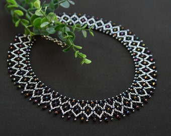 Crystal beaded collar necklace, Black silver necklace, Crystal necklace