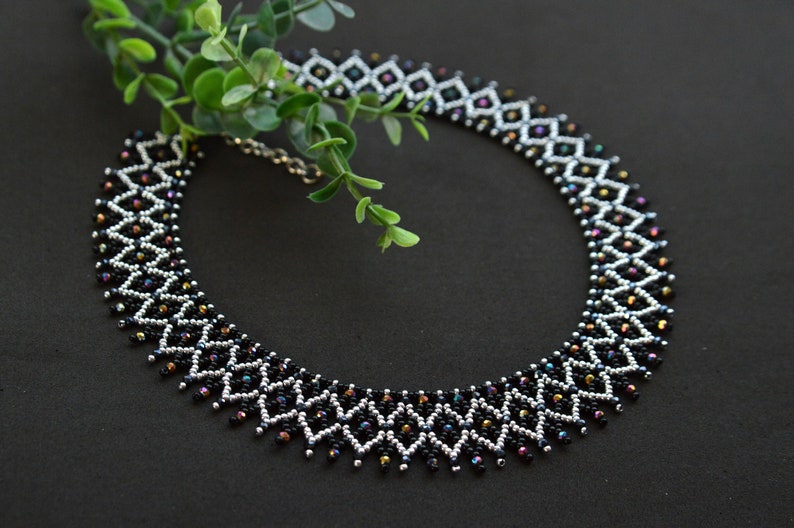Crystal beaded collar necklace, Black silver necklace, Crystal necklace 画像 1