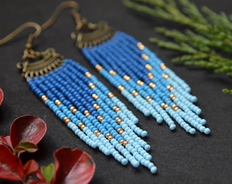 Seed bead fringe earrings, Shades of blue, Gold Blue earrings