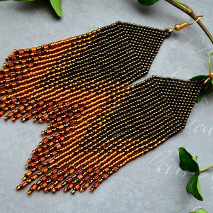 Seed bead gold brown earrings, beaded fringe earrings