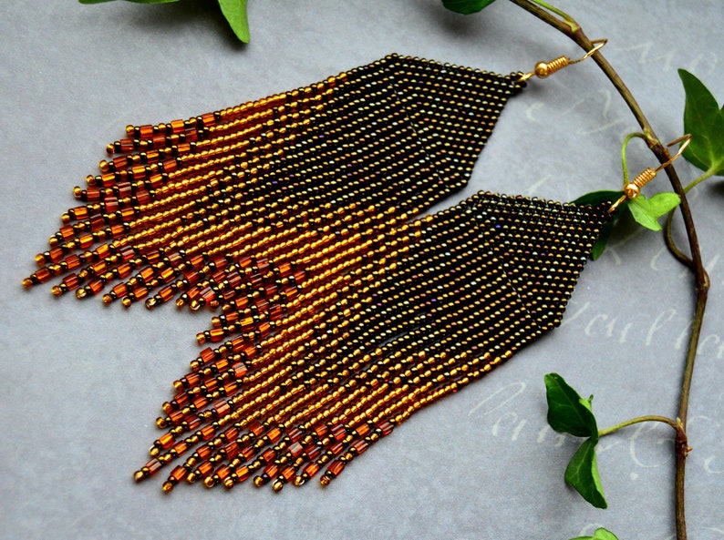 Seed bead gold brown earrings, beaded fringe earrings image 1