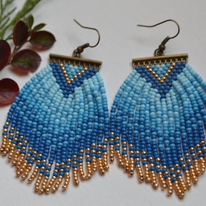 Fringe earrings, Beaded blue gold earrings, Artisan beaded earrings
