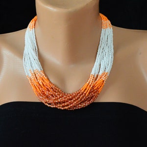 Beaded necklace, Orange white multistrand beaded necklace, bridesmaids necklace