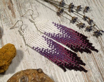 Fringe long beaded earrings, Seed bead earrings