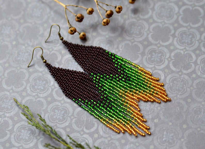 Long Beaded Earrings Brown Green Yellow Fringe Earrings Etsy