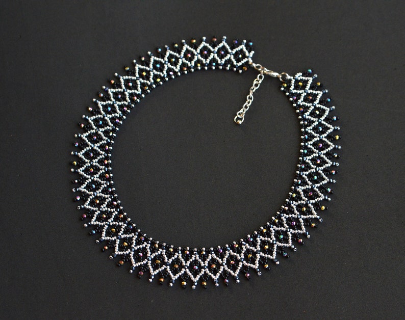 Crystal beaded collar necklace, Black silver necklace, Crystal necklace 画像 5