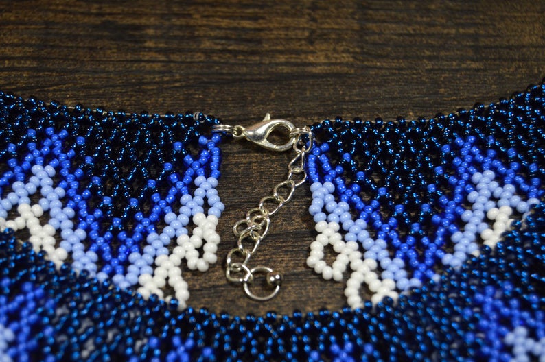 Blue Beaded Collar Necklace Seed Bead Necklace Etsy