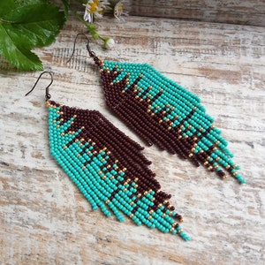 Turquoise Brown Gold seed beads long earrings image 2