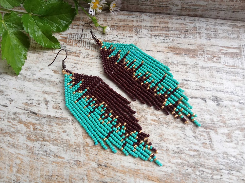 Turquoise Brown Gold seed beads long earrings image 2