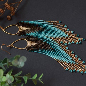 Emerald turquoise gold Beaded earrings, Long fringe seed bead earrings