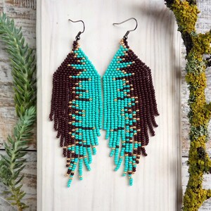 Turquoise Brown Gold seed beads long earrings image 1